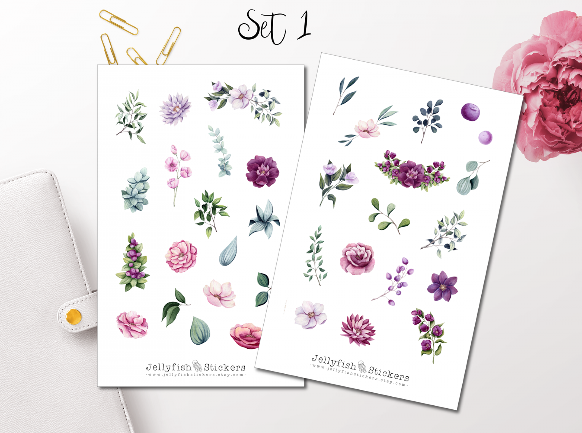 Rosa Lila Blumen Sticker Set